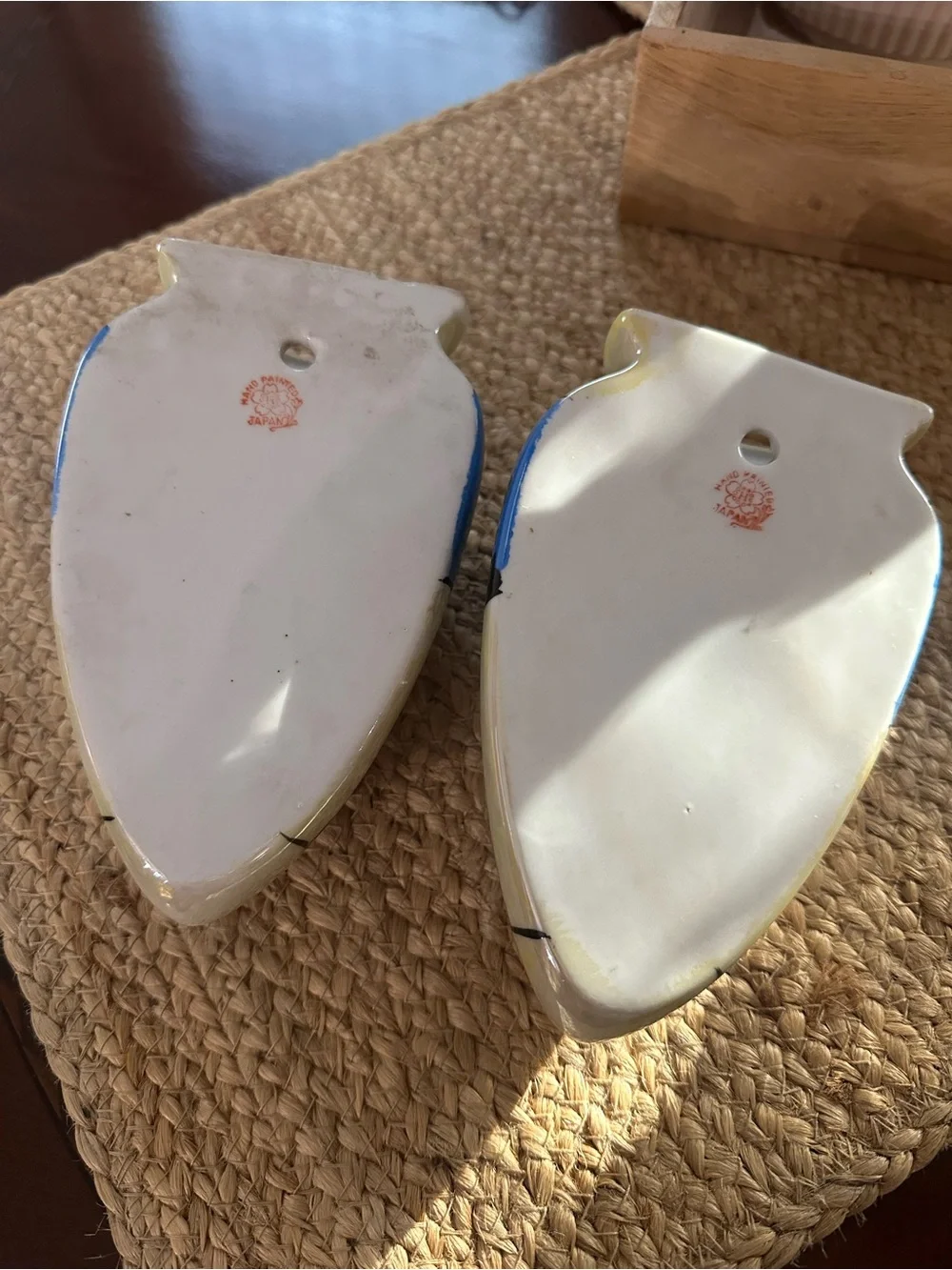 Pair of Floral Japanese Wall Pockets in Blue, Orange and Cream